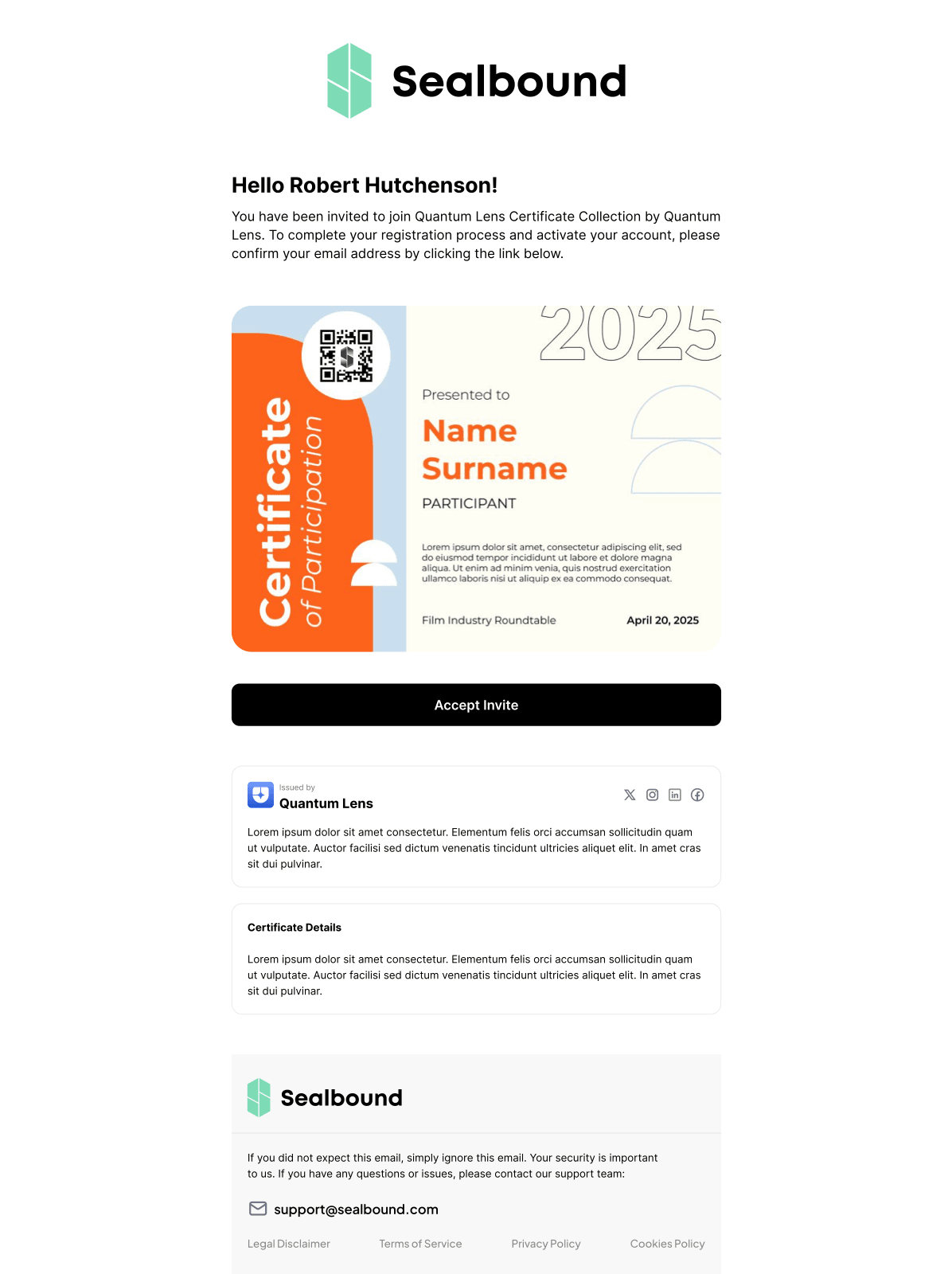 Sealbound invite certificate email